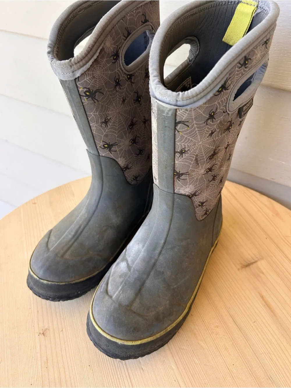 Bogs Gray & Yellow Spider Web Kids Rain Boots Halloween